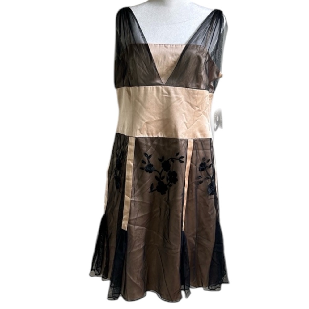 ▶️ Y2K Silk Mesh Dress Womens 12 Black Sheer Embroidered Slip Party Mini NWT